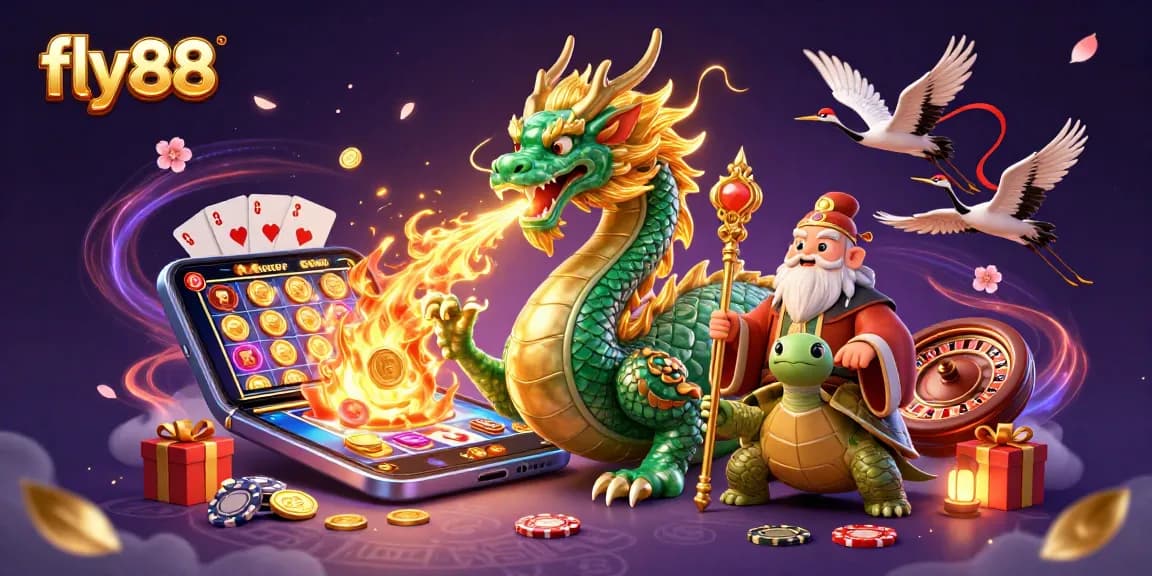 Experience the excitement of fly88 with a dragon and sage amidst vibrant casino elements.