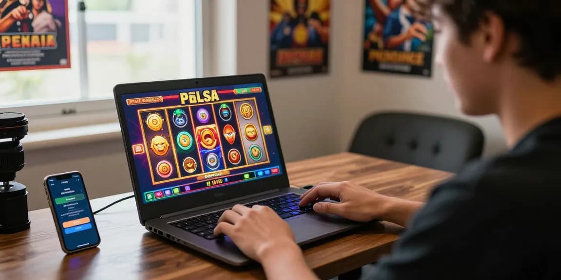 Player enjoying slot pulsa games on a laptop, vibrant graphics and cozy atmosphere in a modern gaming setup.