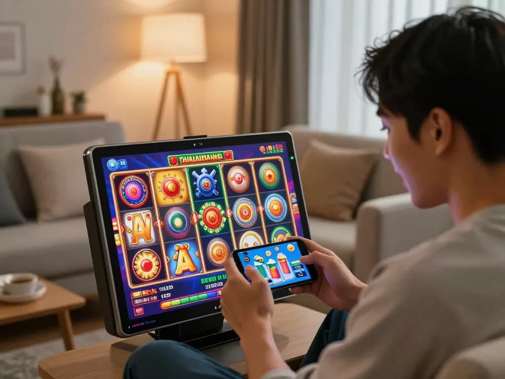 Engaging gameplay on a mobile slot thailand game, showcasing user excitement and interaction in a cozy setting
