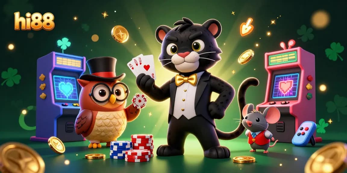 Experience poker excitement at hi88 with a stylish panther dealer, owl, and mouse in 3D illustration.