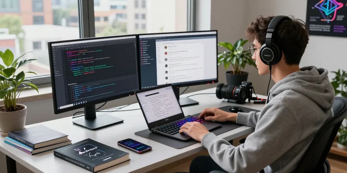 KoboldAI development workspace with dual monitors showing code, programmer engaged in intelligent conversation design.