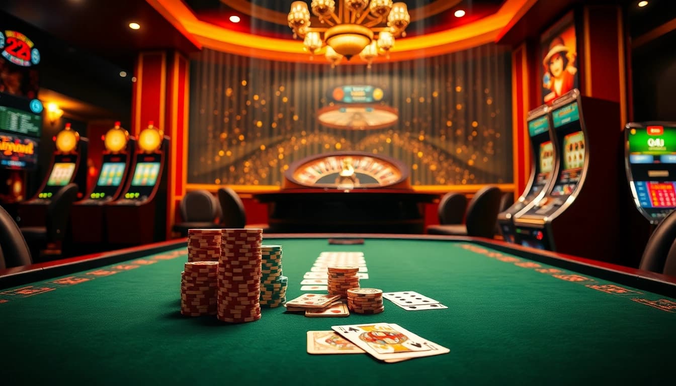 S8 poker table showcasing vibrant casino action with cards and chips.