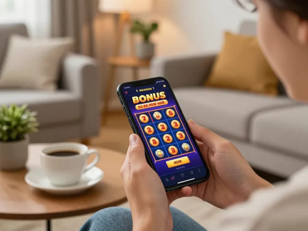 Engage in slot bonus new member promotion on mobile gaming at home, showcasing excitement and comfort.