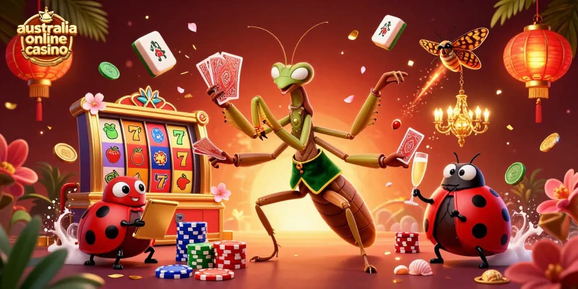 Engage with an exciting australia online casino scene featuring vibrant games, characters, and festive decorations.