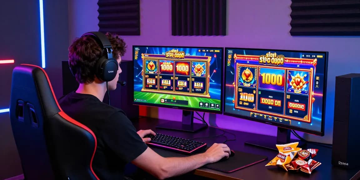 Engaging gaming setup showcasing slot depo 1000 gameplay with vibrant colors and modern equipment.