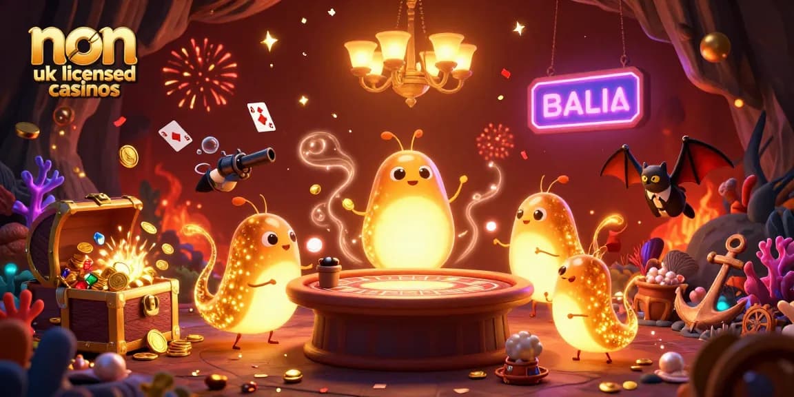 Play exciting games at non uk licensed casinos with glowing glowworms and a bat dealer in this vibrant 3D scene.