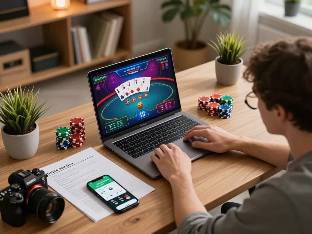 Engaged player enjoying an online poker game on 8kbetbh platform from their cozy home.
