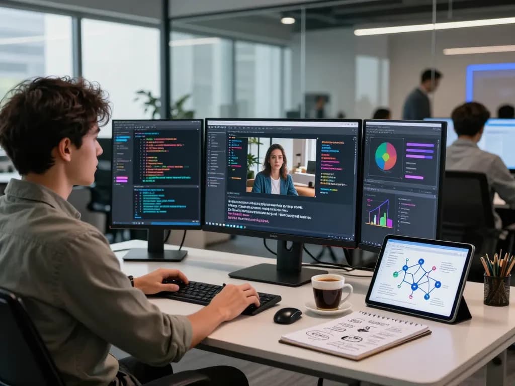 AI specialist using image to prompt ai tool in a modern tech office, showcasing creativity and innovation.