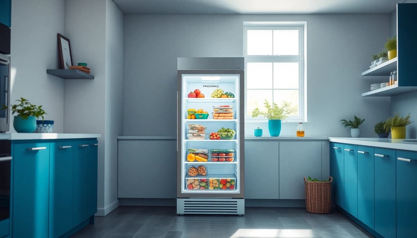 Organized freezer filled with fresh produce and meals in a stylish kitchen.