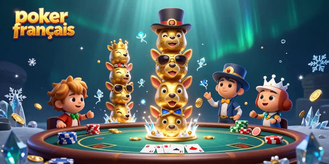 Jouer au poker français grâce à un totem de casino coloré entouré de jetons et de cartes.