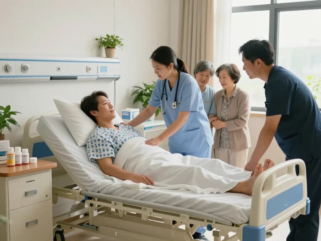 Patient in giường bệnh nhân receiving care from healthcare professionals in a soothing hospital room.