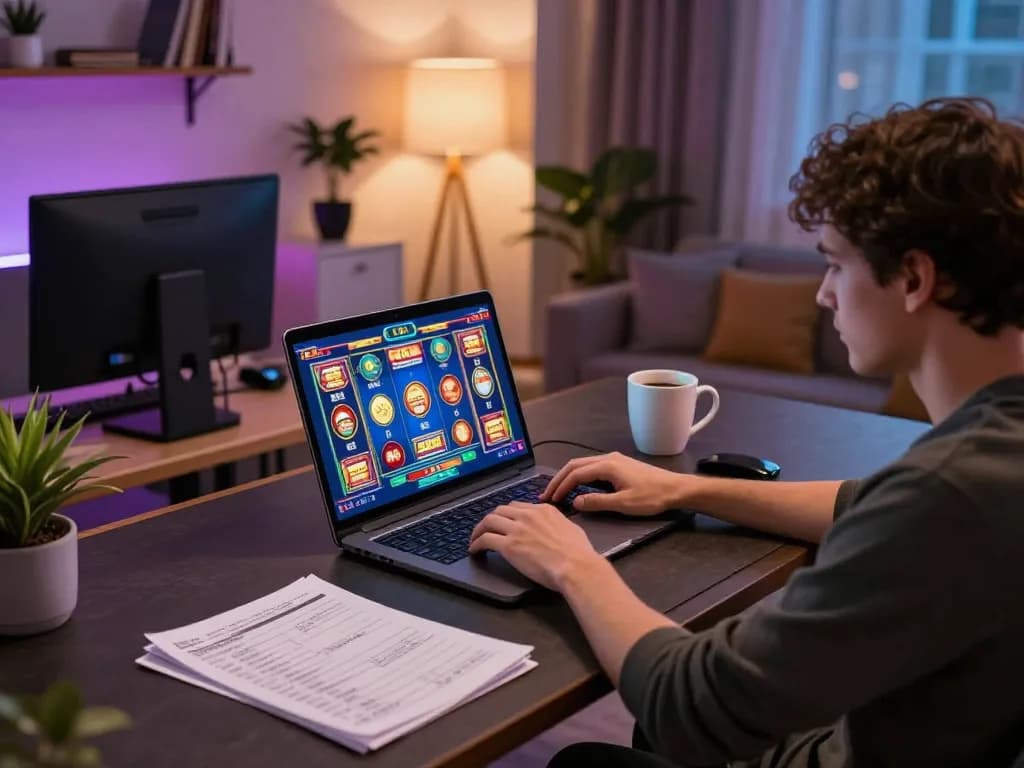Playing exciting slots on a laptop, showcasing situs slot action in a cozy home setting