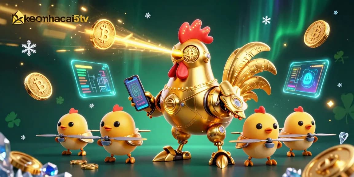keonhacai5tv presents a dynamic casino-themed illustration with a golden robot and crypto elements
