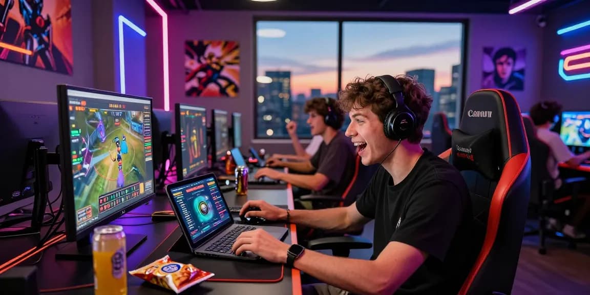 Pengguna diana4d bermain game online dengan antusias di ruang modern, dikelilingi dengan dekorasi neon.