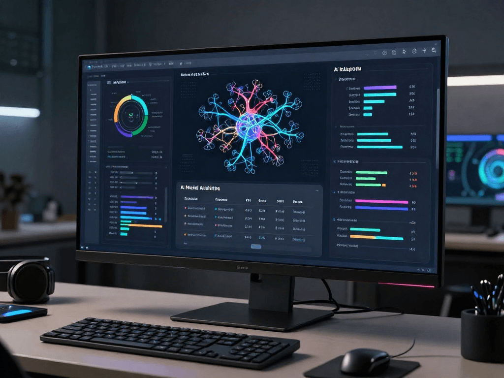 tubeorigin AI tool displaying machine learning performance metrics on a futuristic SaaS dashboard.