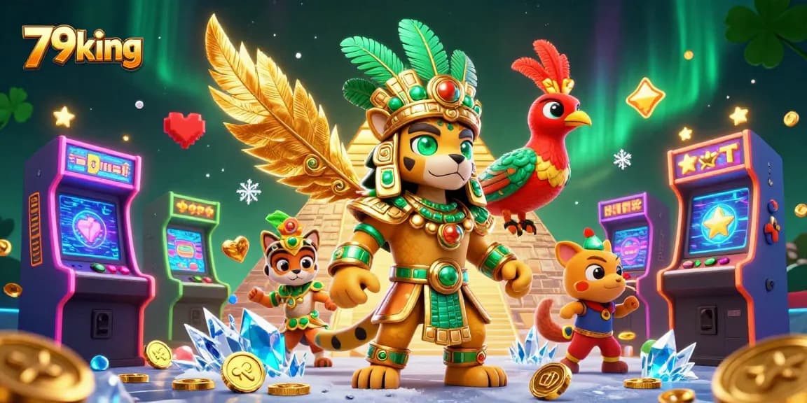 Engage with the thrilling world of 79king featuring Mayan characters and vibrant gaming elements in a casino-themed digital illustration.