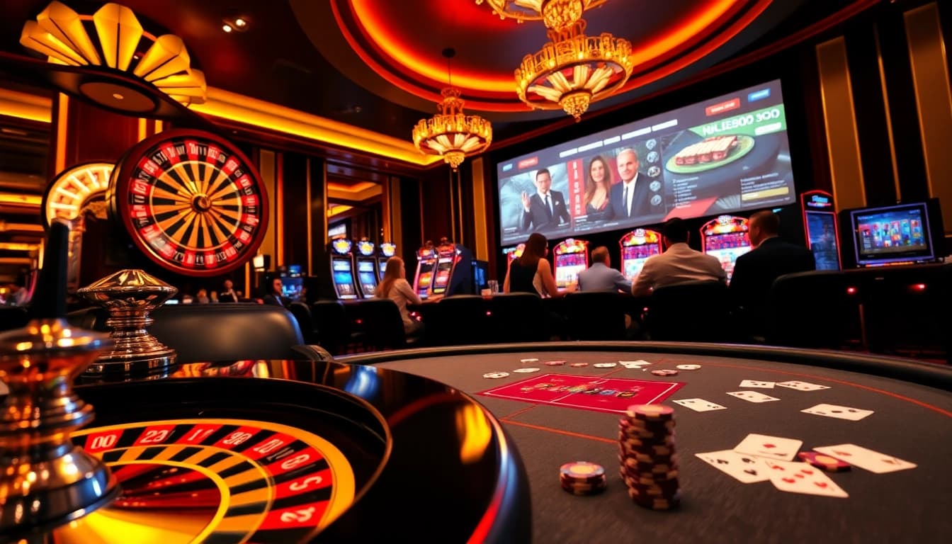 Scène engageante de joueurs profitant de leur expérience dans un meilleure casino en ligne avec des tables de roulette et de poker vibrantes.