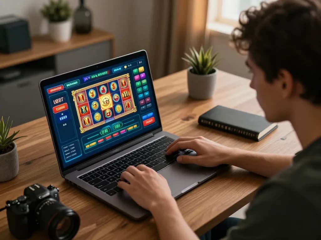 Player enjoying slot jepang games on a laptop at home, showcasing vibrant online gambling experience.