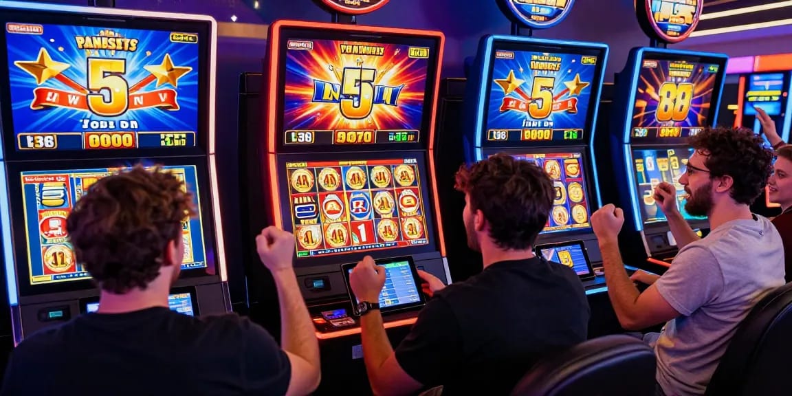 Engaged players celebrating a win on slot deposit 5k games in a vibrant online casino setting.