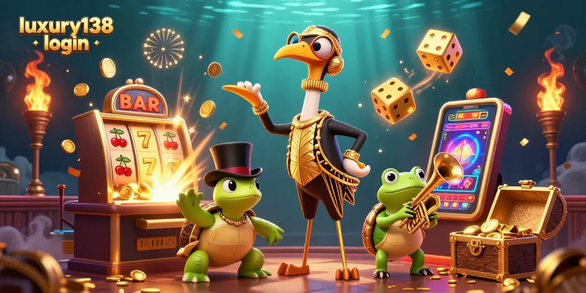 Spin and win at luxury138 login with a vibrant 3D casino scene featuring a slot machine and lively characters.