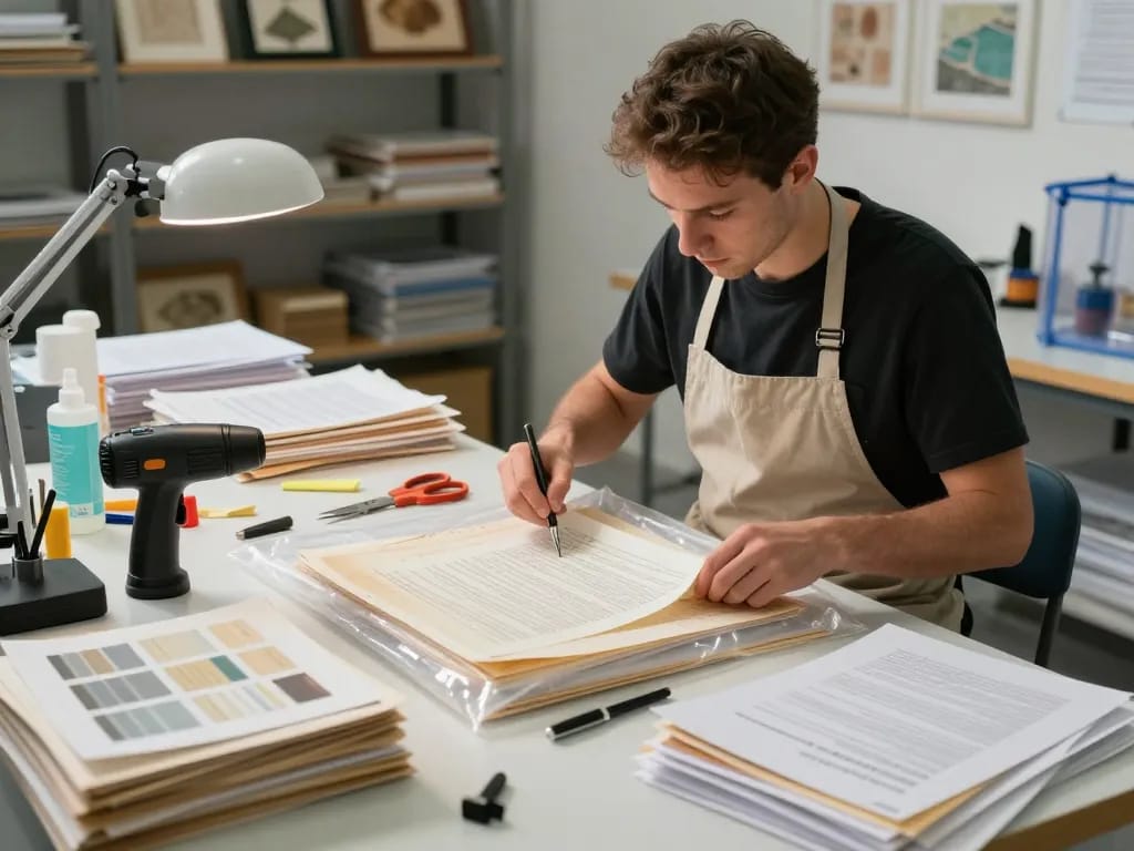 Bóc giấy ép uy tín hà nội: Skilled technician restoring documents using expert techniques in a modern workshop.
