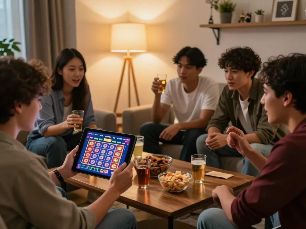 Pemain menikmati sesi permainan di rumah dengan link slot di tablet dan suasana yang menarik