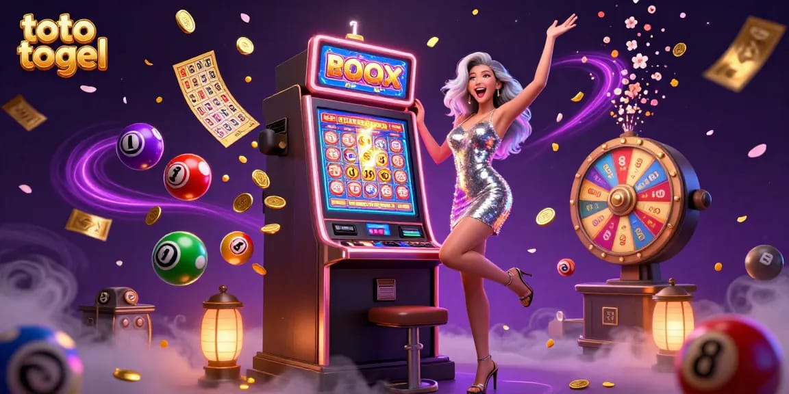 Ikuti permainan toto togel yang mendebarkan dengan seorang wanita Asia yang menawan di mesin slot di tengah elemen berwarna-warni.