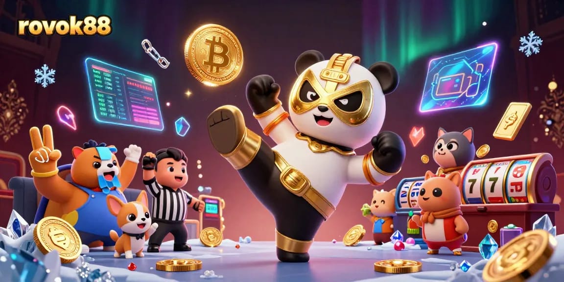 Engage with rokok88 in a vibrant casino scene featuring a lucha wrestler panda and crypto elements.