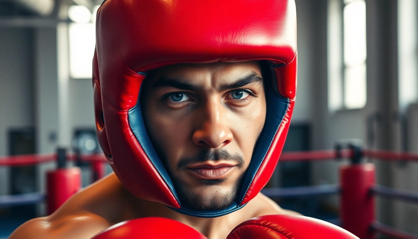 Schütze mit hochwertigem Headgear Boxing, bereit für das Training im Fitnessstudio.