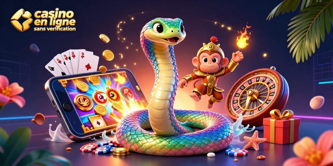 Découvrez le monde du casino en ligne sans vérification avec un serpent arc-en-ciel jouant autour d'un pilier doré.