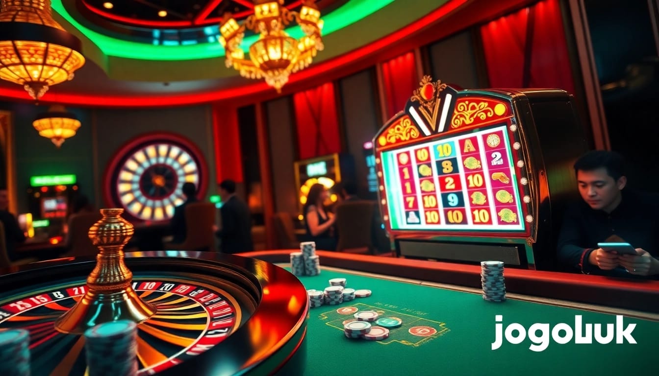 Experience the thrill of gambling at Jogoluck with luxurious casino visuals featuring poker chips and a roulette wheel.