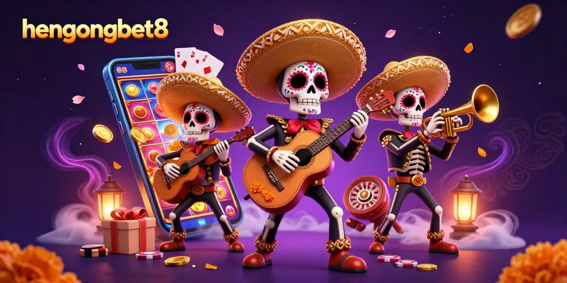 Experience the excitement of hengongbet8 with colorful, dynamic illustration featuring a mariachi band and vibrant casino elements.