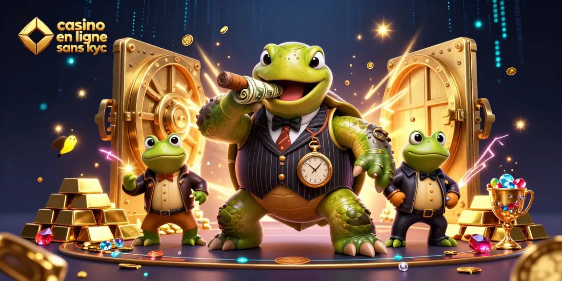 Jouez sur un casino en ligne sans KYC avec une tortue élégante et des grenouilles enchaînées dans une scène de fête de jetons et de trésors.