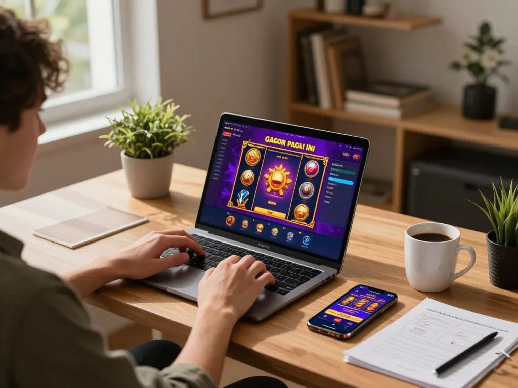 Engaging in slot gacor pagi ini gameplay on a laptop at home with coffee and strategy notes.