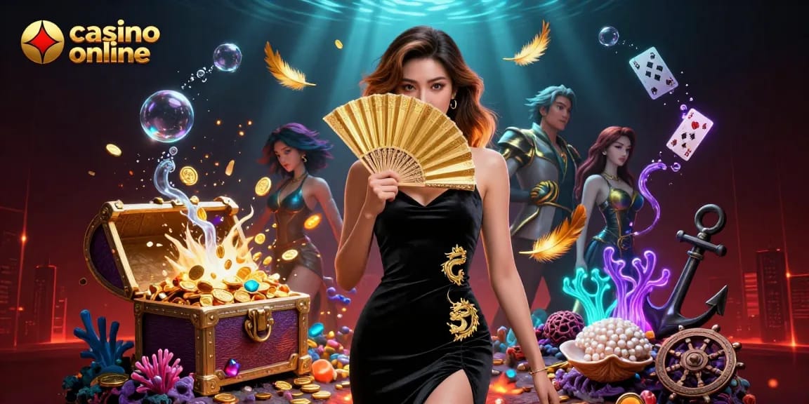 Jouez à des jeux passionnants au casino en ligne avec une illustration époustouflante mettant en scène des créatures magiques et des éléments de casino vibrants.
