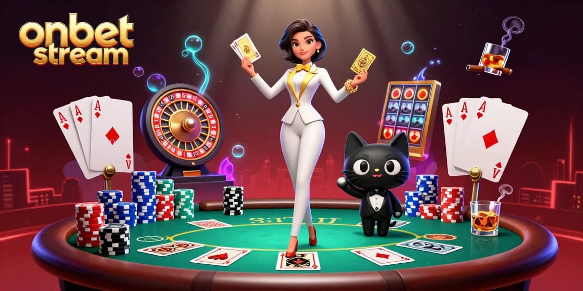 Shuffling cards and winning big at onbet stream casino with vibrant elements and excitement.