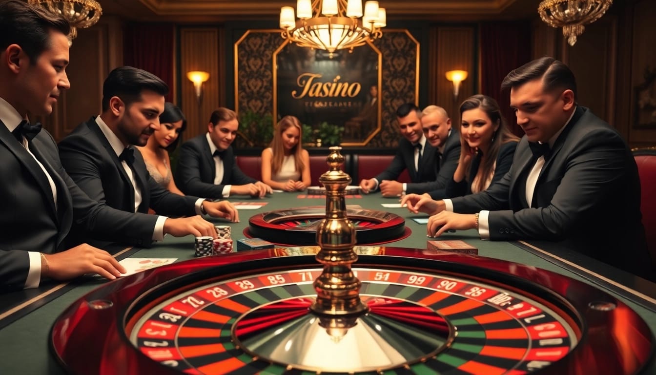 Scène de casino vibrante avec des joueurs à une table de poker se concentrant sur des éléments de casino en ligne France fiable.