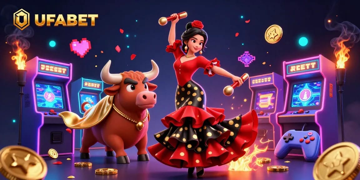 Bet on UFABET with immersive games, vibrant characters, and electric ambiance in this dynamic casino illustration.