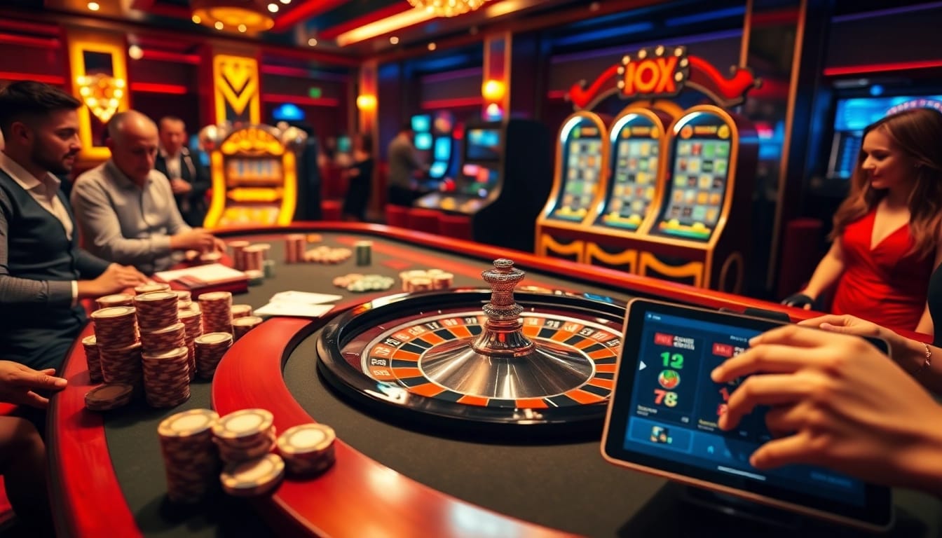 Découvrez l'excitation du meilleure casino en ligne avec des scènes vibrantes de roulette et de poker.