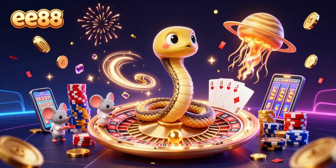 Bet on exciting ee88 games with a vibrant cosmic casino scene featuring playful characters and dazzling elements.