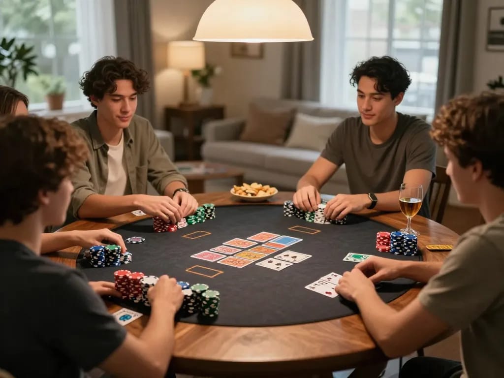 Friends playing poker during home game night, showcasing excitement at 99win.