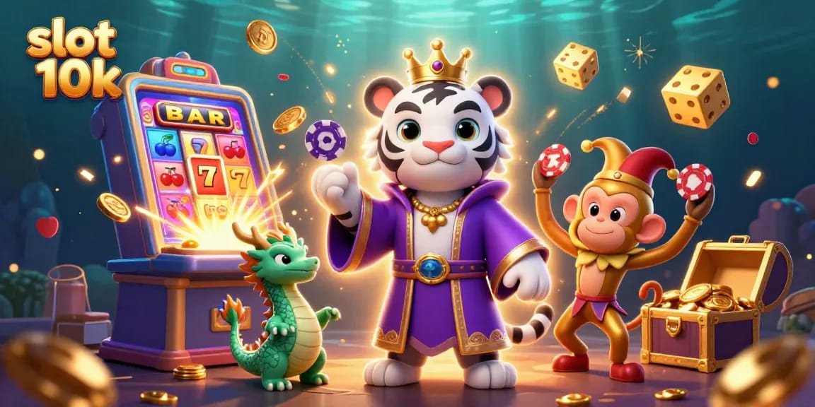 Play exciting slots with the vibrant and engaging slot 10k game, featuring cartoon characters and dynamic casino elements.
