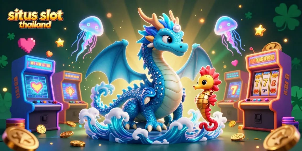 Engage with situs slot thailand featuring a 3D dragon, knight, and vibrant slot elements.
