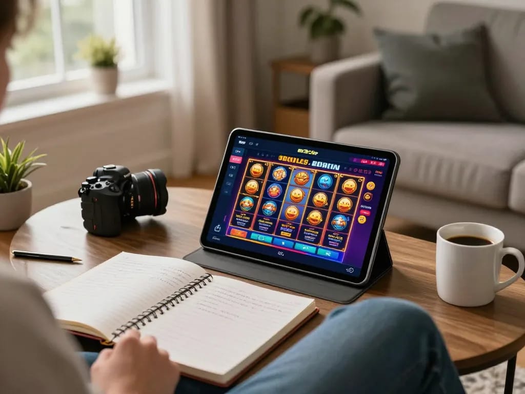 B52club user enjoying online gaming session with engaging poker and slots graphics in a cozy home setting.