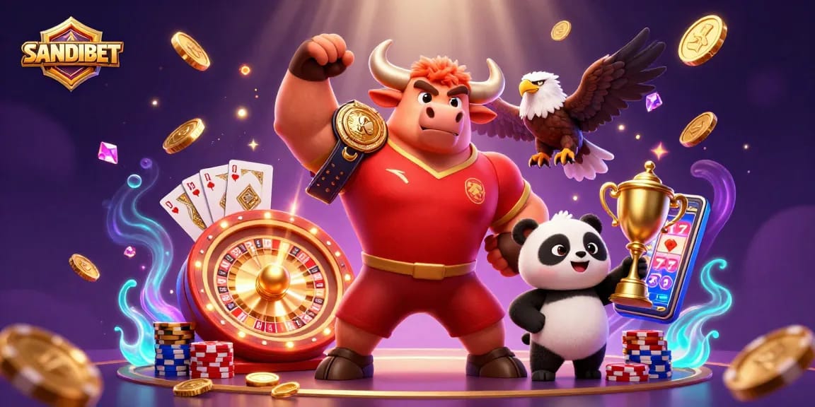 SANDIBET showcases a victorious bull mascot, eagle, and panda amid a dynamic casino scene.