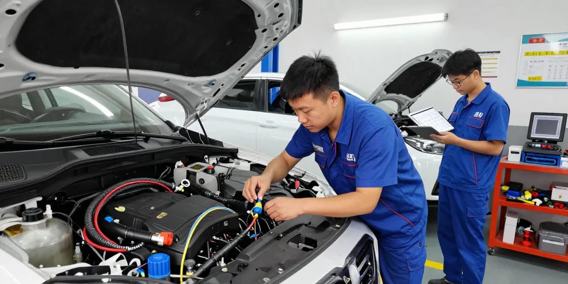 Technician installing heavy duty waterproof electrical connectors in an automotive workshop, surrounded by tools and wiring components.