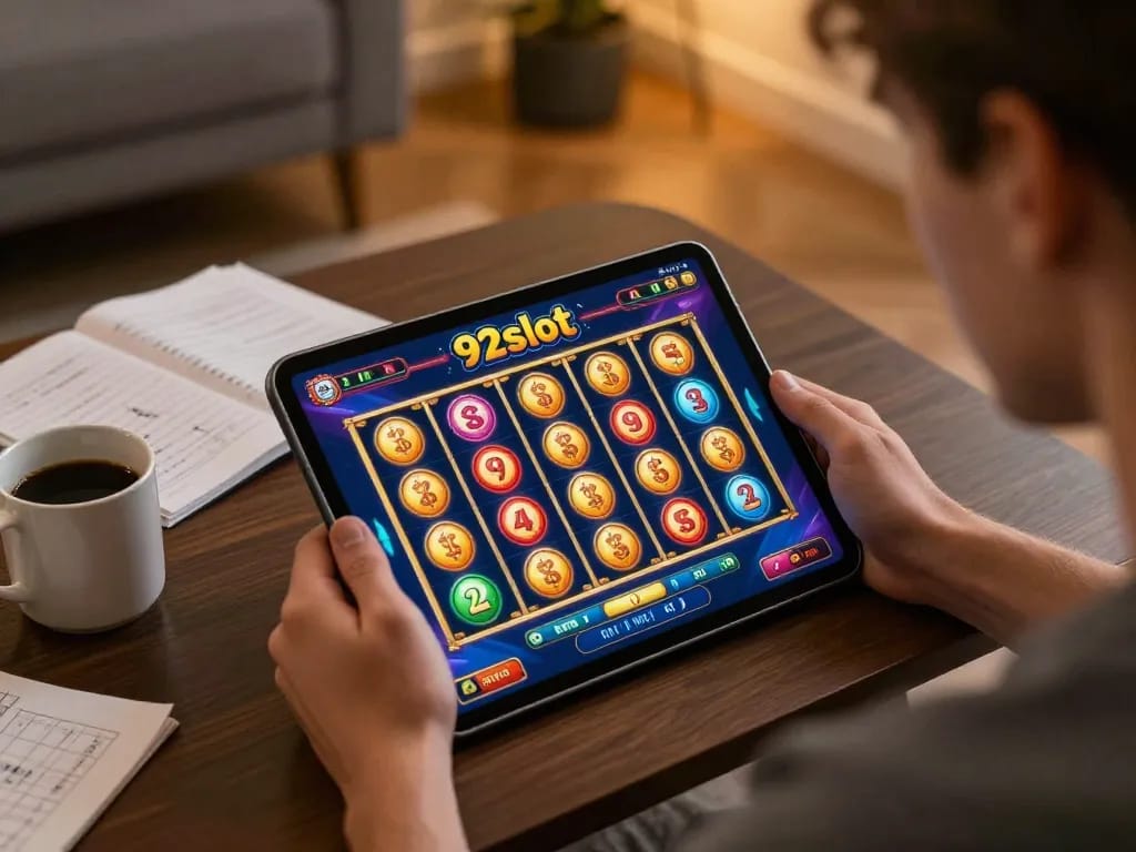 Play engaging slots at 92slot on a tablet in a cozy home environment with strategic notes