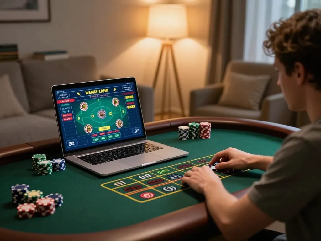fly88 đăng nhập in action on a laptop, showcasing a live roulette game in a cozy home setting