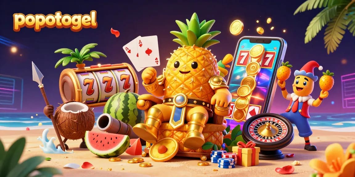 Experience popotogel's vibrant casino adventure featuring a golden pineapple king and dynamic slot game elements.