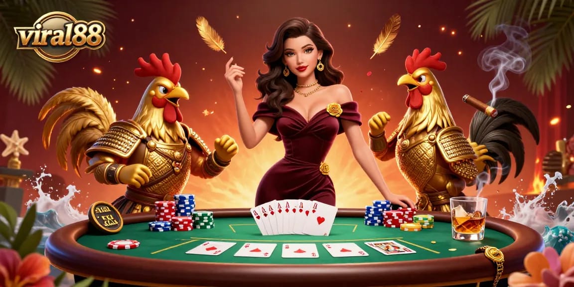 Experience winning thrills with viral88's vibrant casino scene featuring iconic poker elements and glamorous characters.